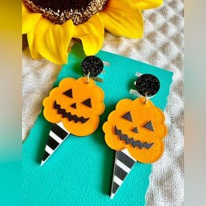 New Summerween Halloween Glitter Pumpkin Ice Cream Cone Acrylic Earrings - 2.25”